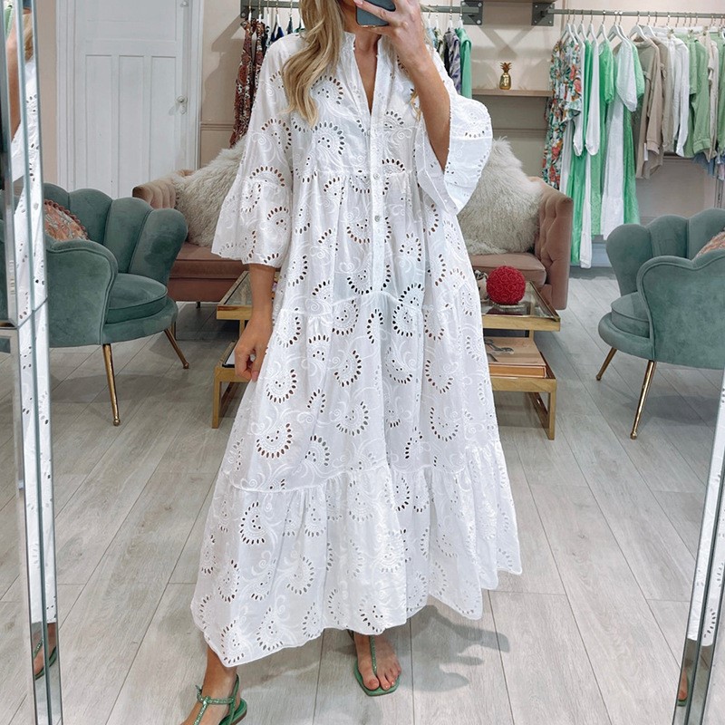 Women's French V-Neck Bell Sleeve Lace Hollow Out Long Dress