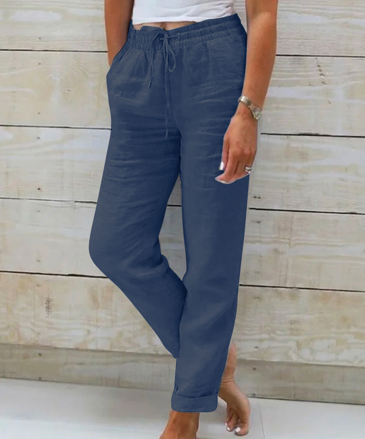 Women's Cotton-Linen Wide-Leg Pants Elastic Waist Solid Color Loose Fit