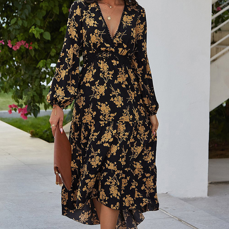 V-Neck Vintage Floral Midi Dress with Lace Trim