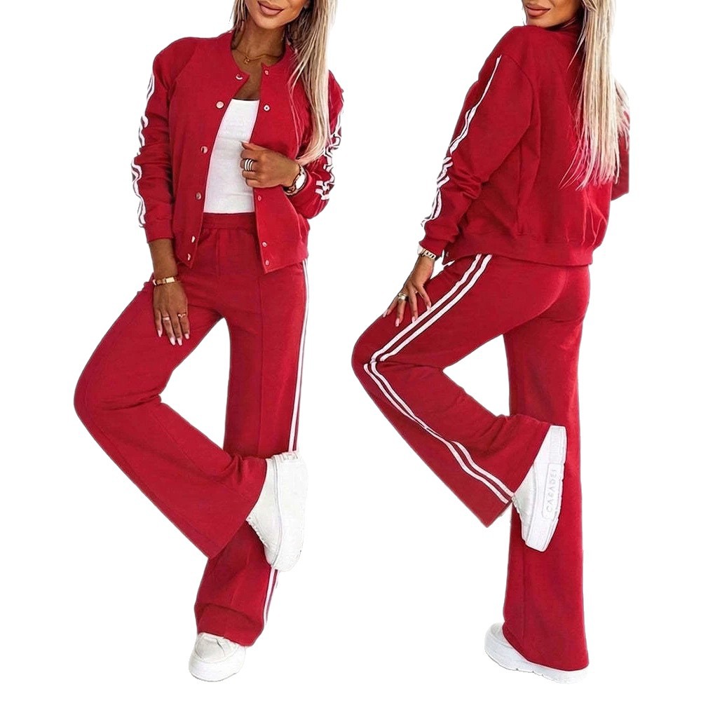 Women's Two-Piece Tracksuit with Baseball Jacket and Wide-Leg Pants, Side Color-Block Stripes
