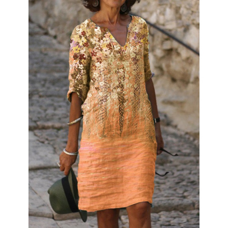 Women's Summer Floral V-Neck A-Line Midi Dress Short Sleeve Casual