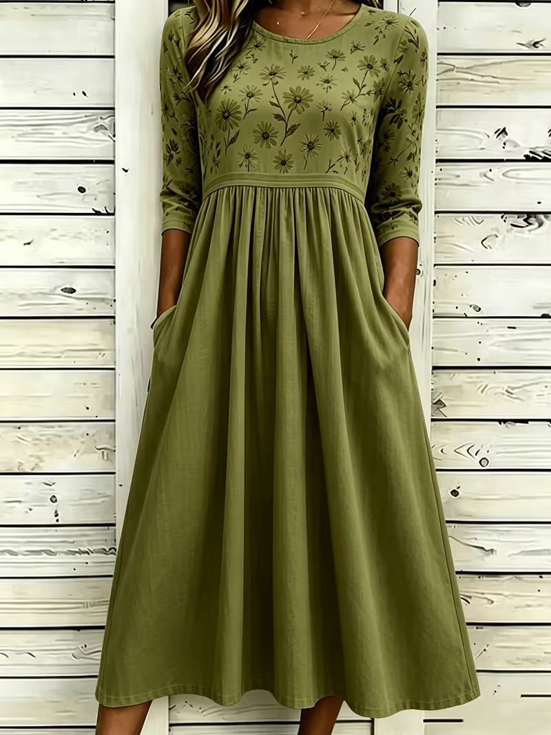 Women's Floral Print Pleated Midi Dress Round Neck Five-Sleeve Slim Fit