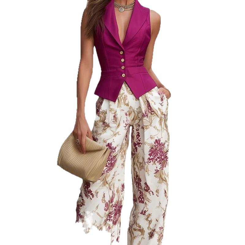 Women's Elegant Button Vest Top & Wide-Leg Pants Two-Piece Set