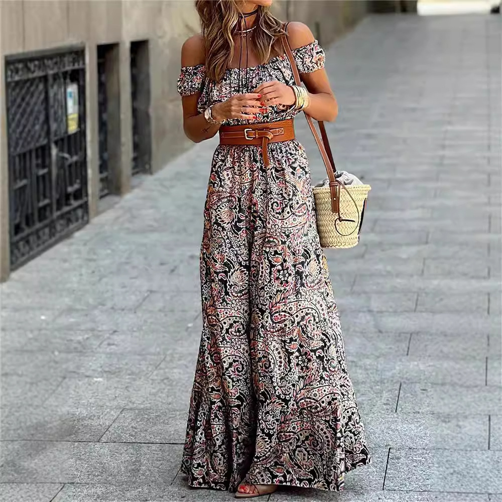 Floral Off-Shoulder Puff-Sleeve High-Waist A-Line Dress