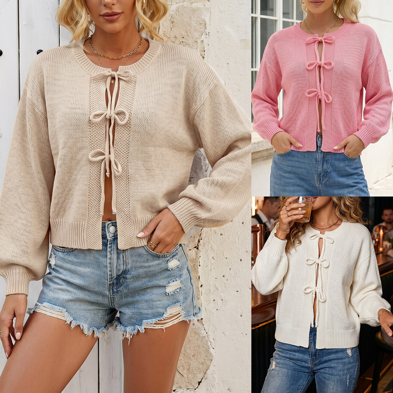 Crewneck Tie-Front Knit Cardigan Sweater
