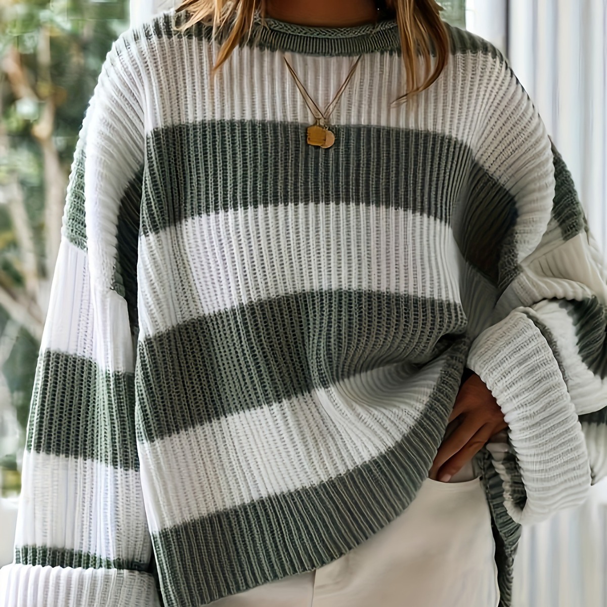 Wide Striped Gray & White Color-Block Loose Crewneck Long-Sleeve Knit Sweater for Women