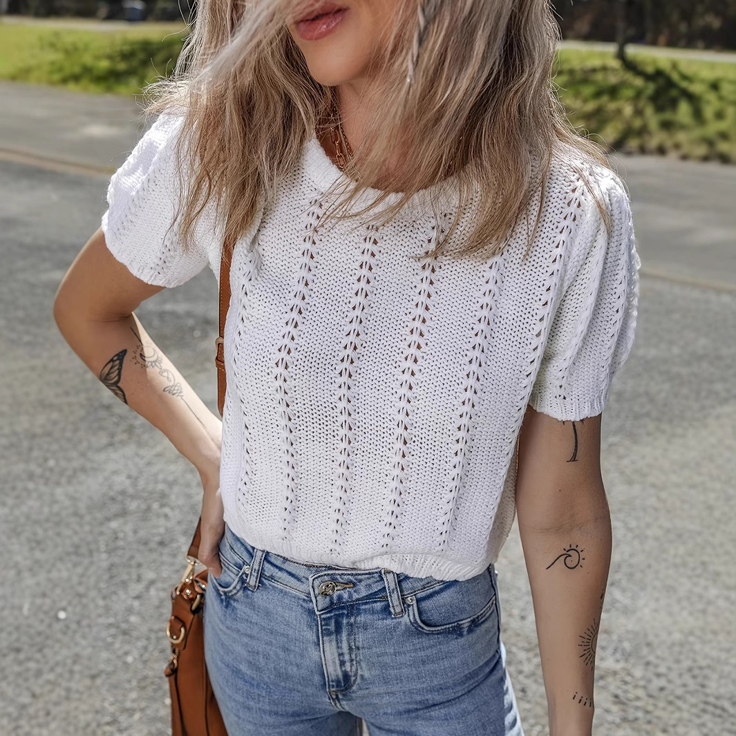Sweet French Round Neck Hollow Out Knit Short Sleeve Top