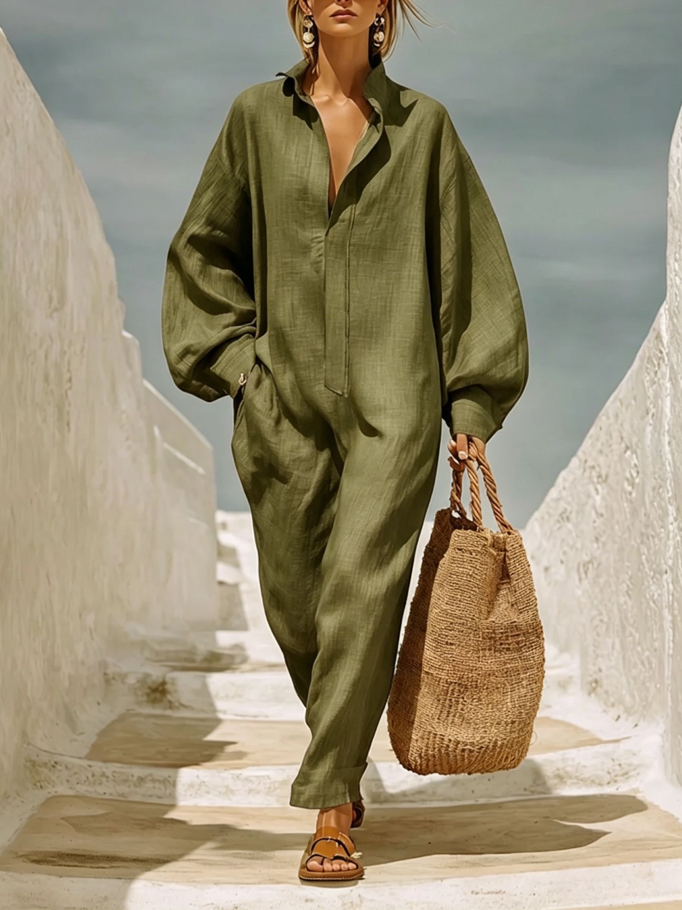Women's Wide-Leg Jumpsuit with Collar and Half-Button Front