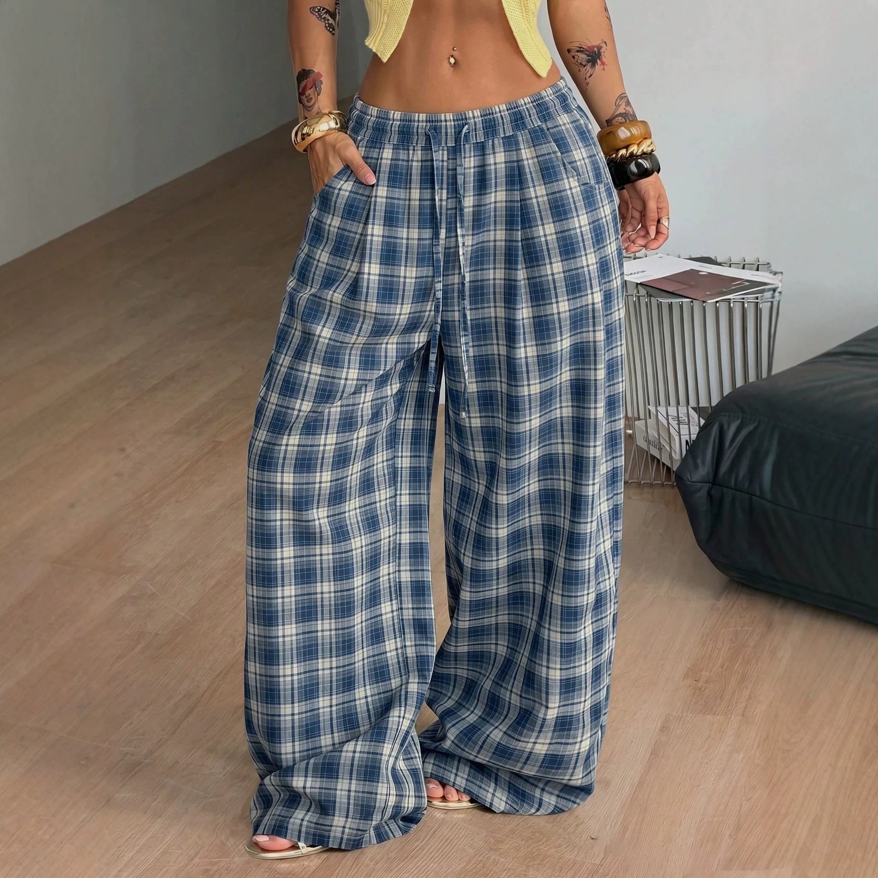 Y2K Retro Plaid Drawstring High-Waist Wide-Leg Pants with Pockets