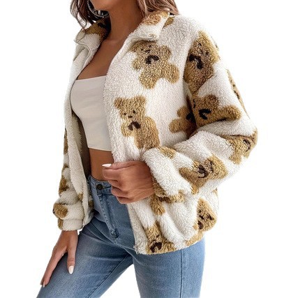 Fuzzy Fleece Bear Print Zip-Up Jacket Women's Loose Fit