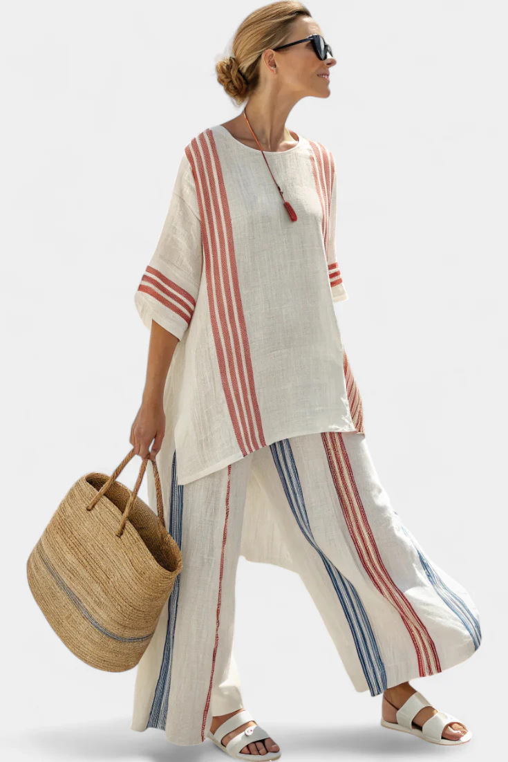 Striped Color-Block Half-Sleeve Top and Straight-Leg Pants Set