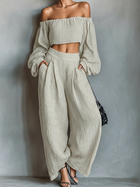 Women's Off-Shoulder Top & Wide-Leg Pants Set