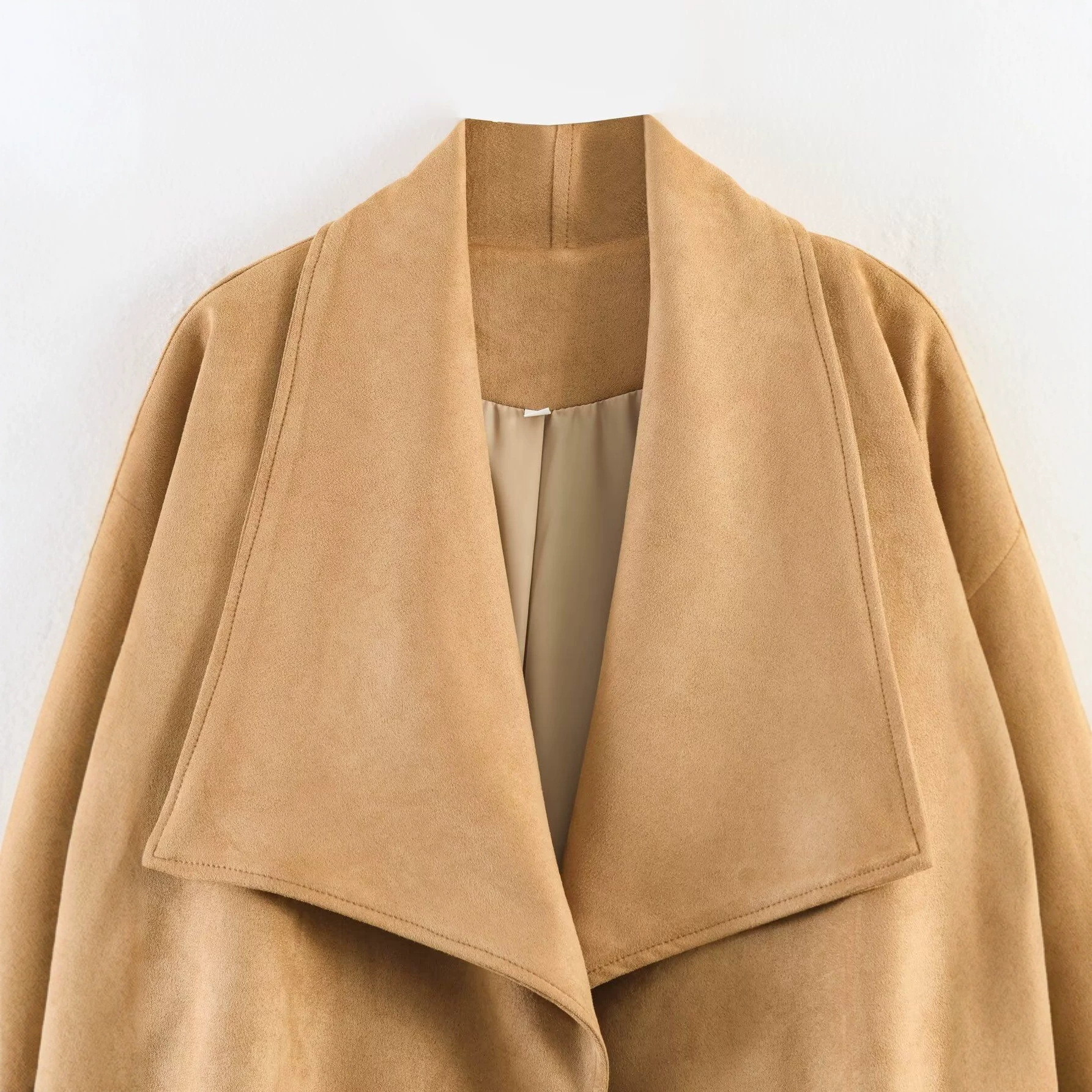 Women's Faux Suede Wrap Coat Long Sleeve Lapel Collar Khaki