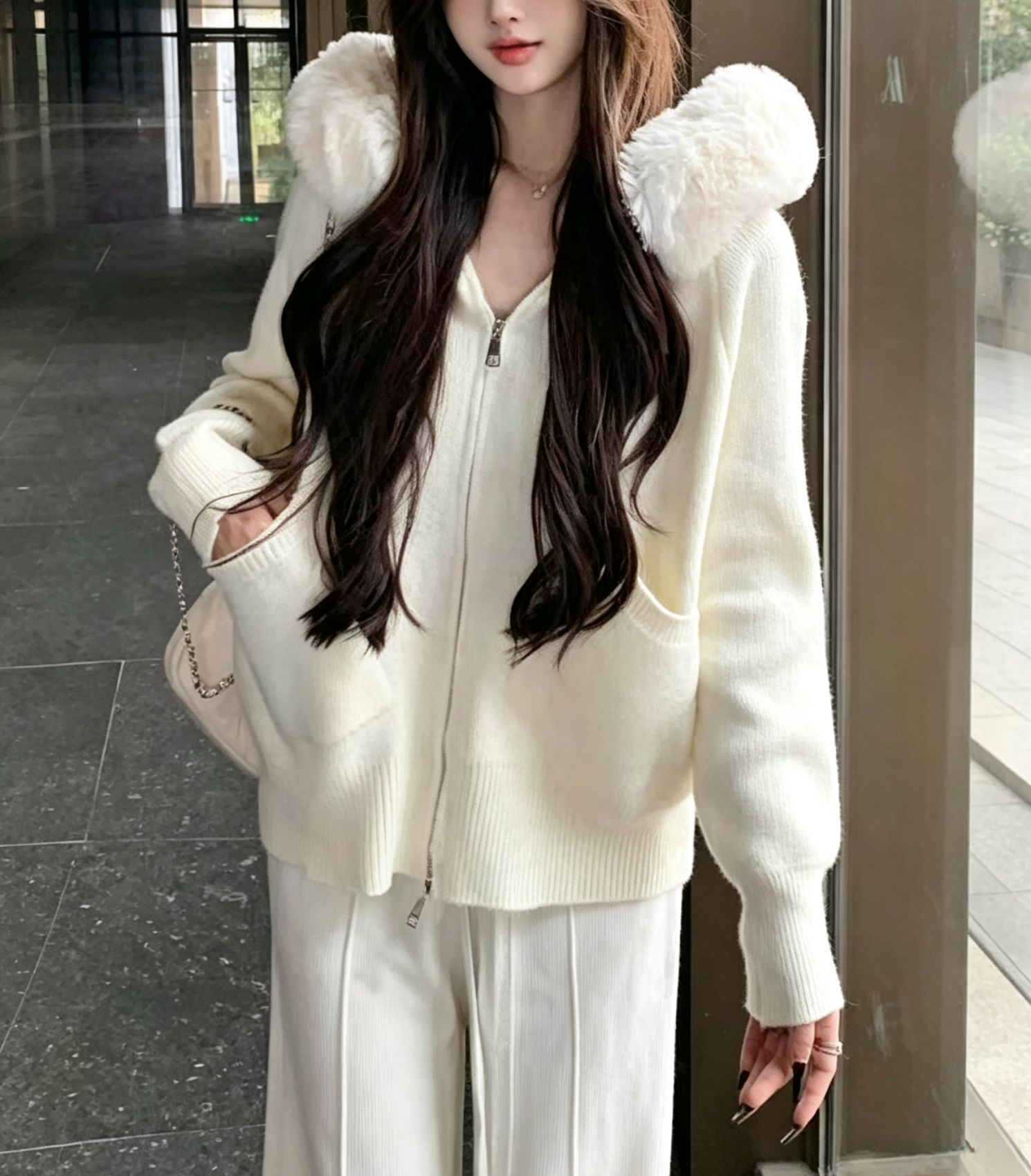 Women's Faux Fur Trim Hooded Zip Knit Cardigan Solid Color Loose Sweater with Pockets