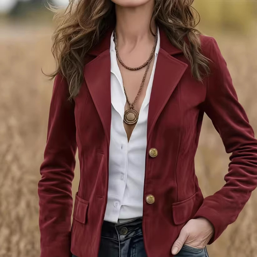 Women's Vintage Ranch Style Solid Short Jacket with Lapel Collar and Metal Buttons Slim Fit