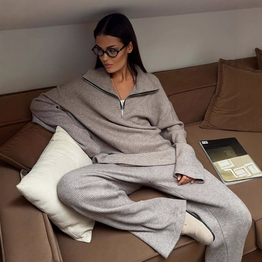 Women's Solid Turtleneck Zip Knit Sweater and Pants Set