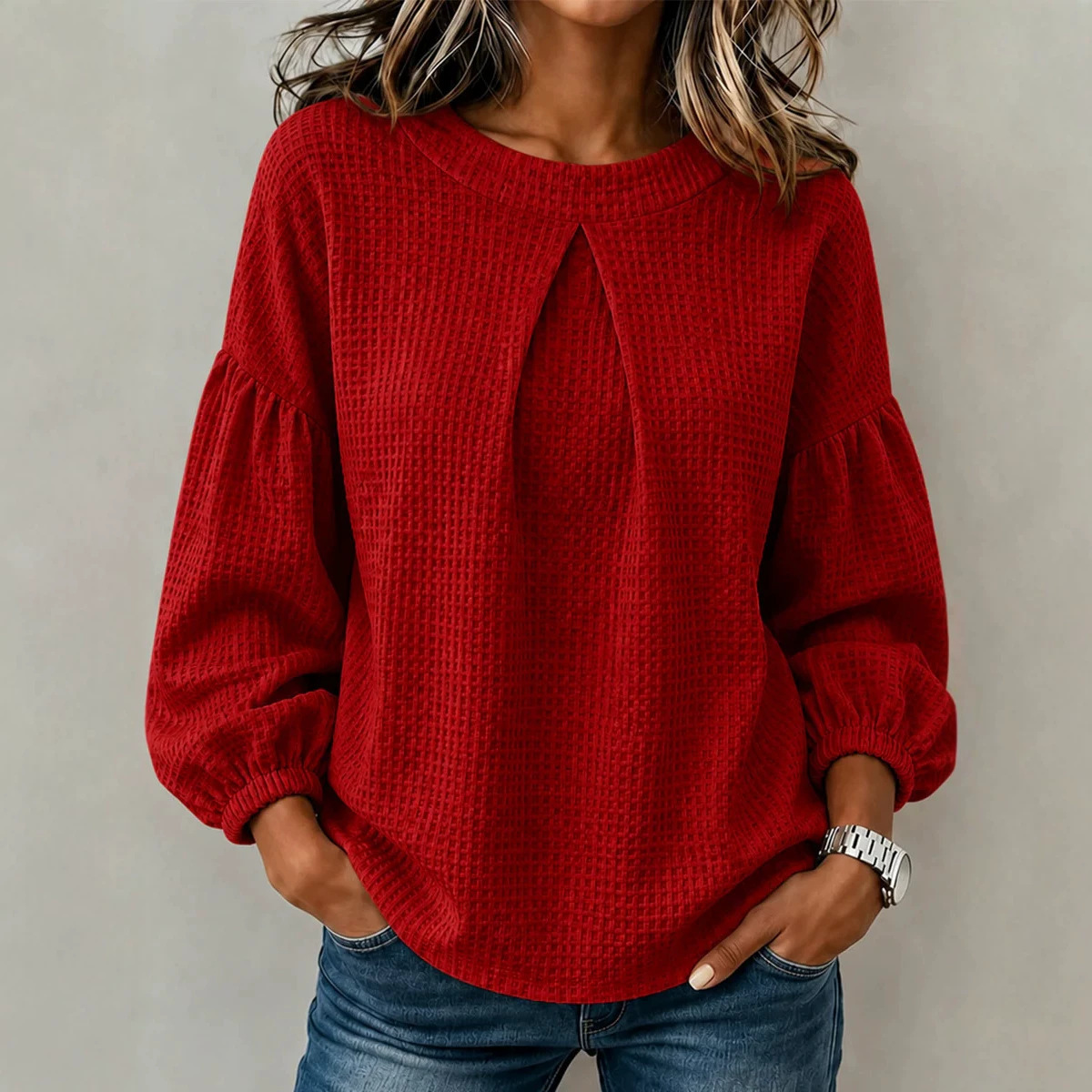 Women's Colorblock Lantern Sleeve Crewneck Loose Solid Long Sleeve Top Sweatshirt