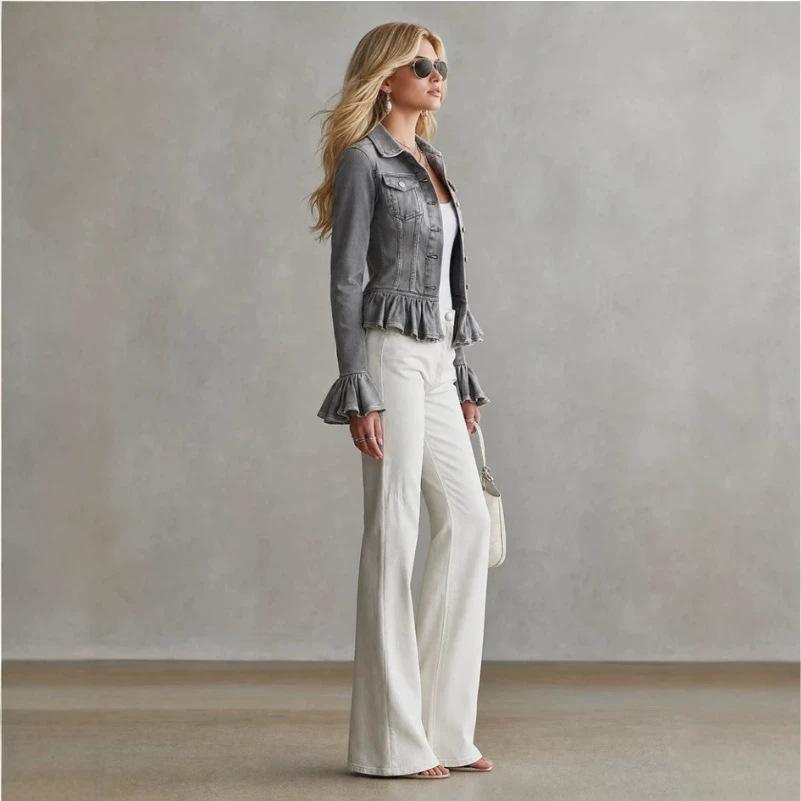 Gray Denim Jacket with Flared Sleeves and Ruffle Hem