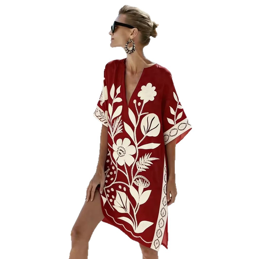 Women's Floral Print Midi Dress with Deep V-Neck and Five-Quarter Sleeves