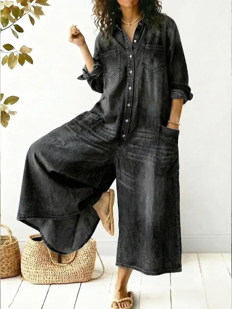Women's Single-Breasted Loose Shirt Dress Long Sleeve