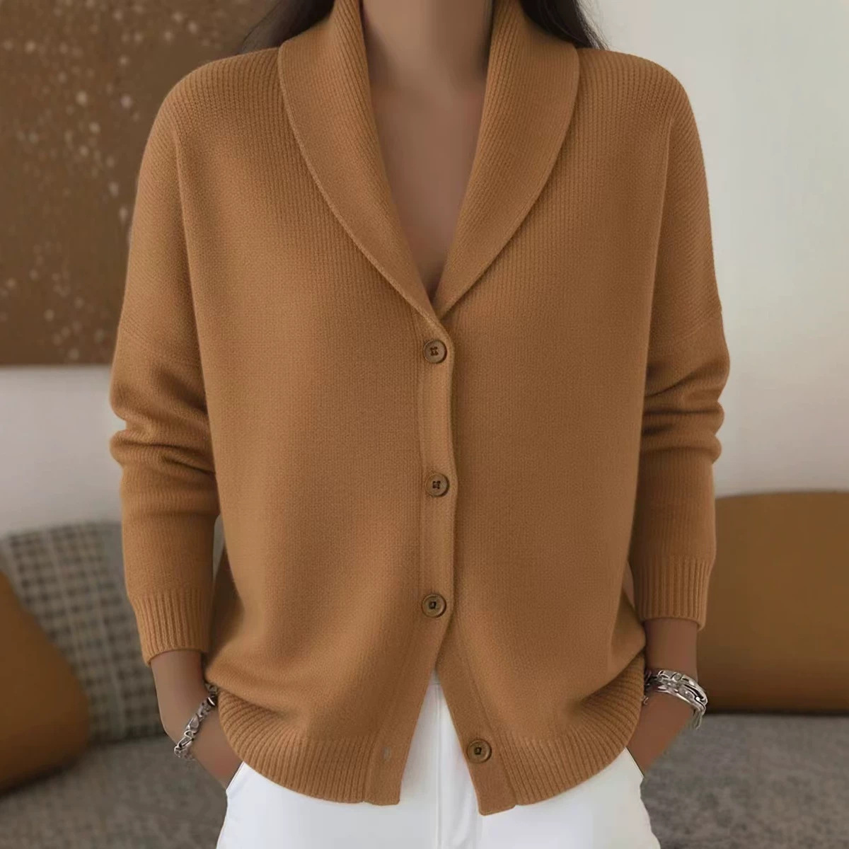 Button-Up Knit Collared Cardigan Sweater Coat Solid Color Women's