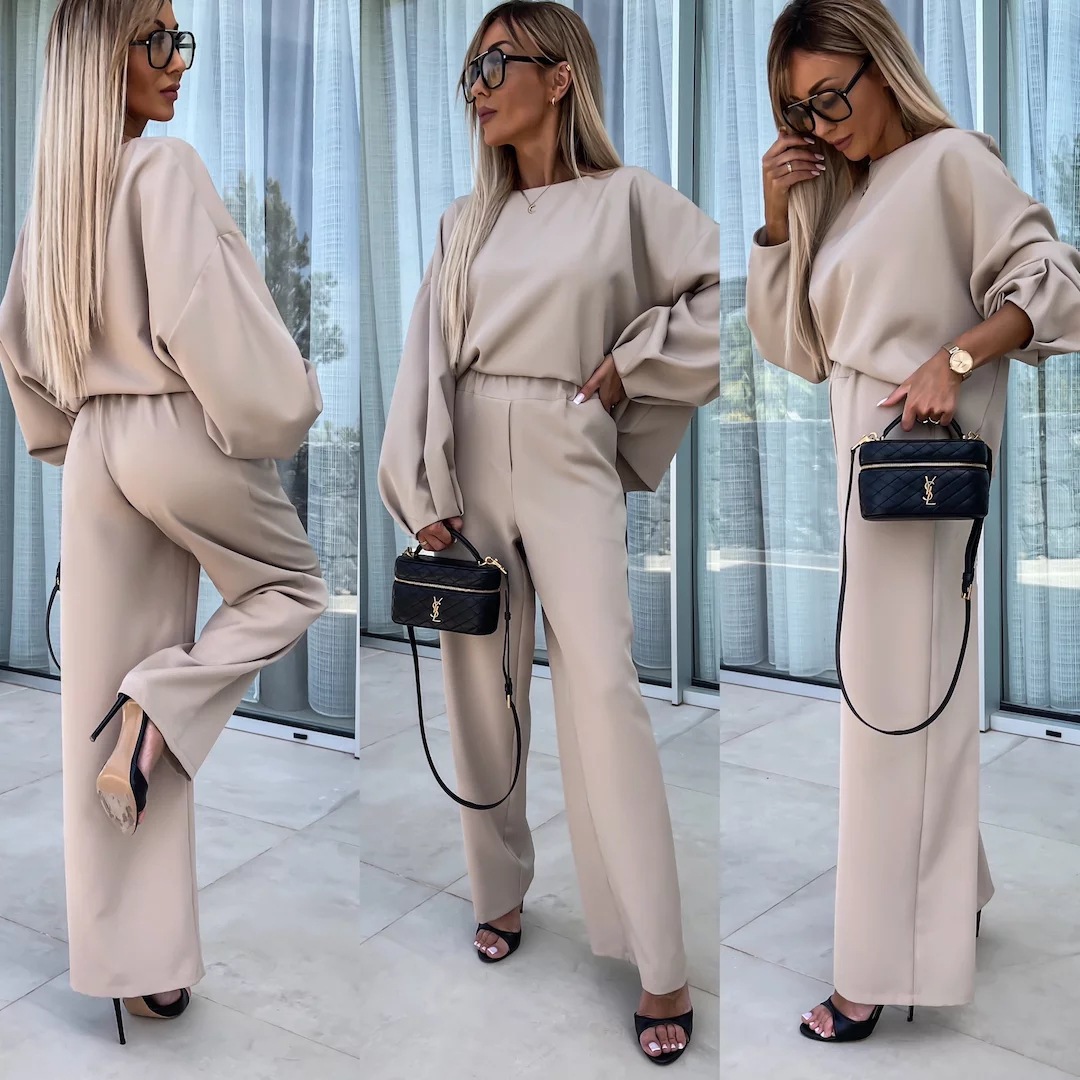 Women's Casual Loose Two-Piece Set Long Sleeve Crewneck Solid Top and Elastic Straight Pants