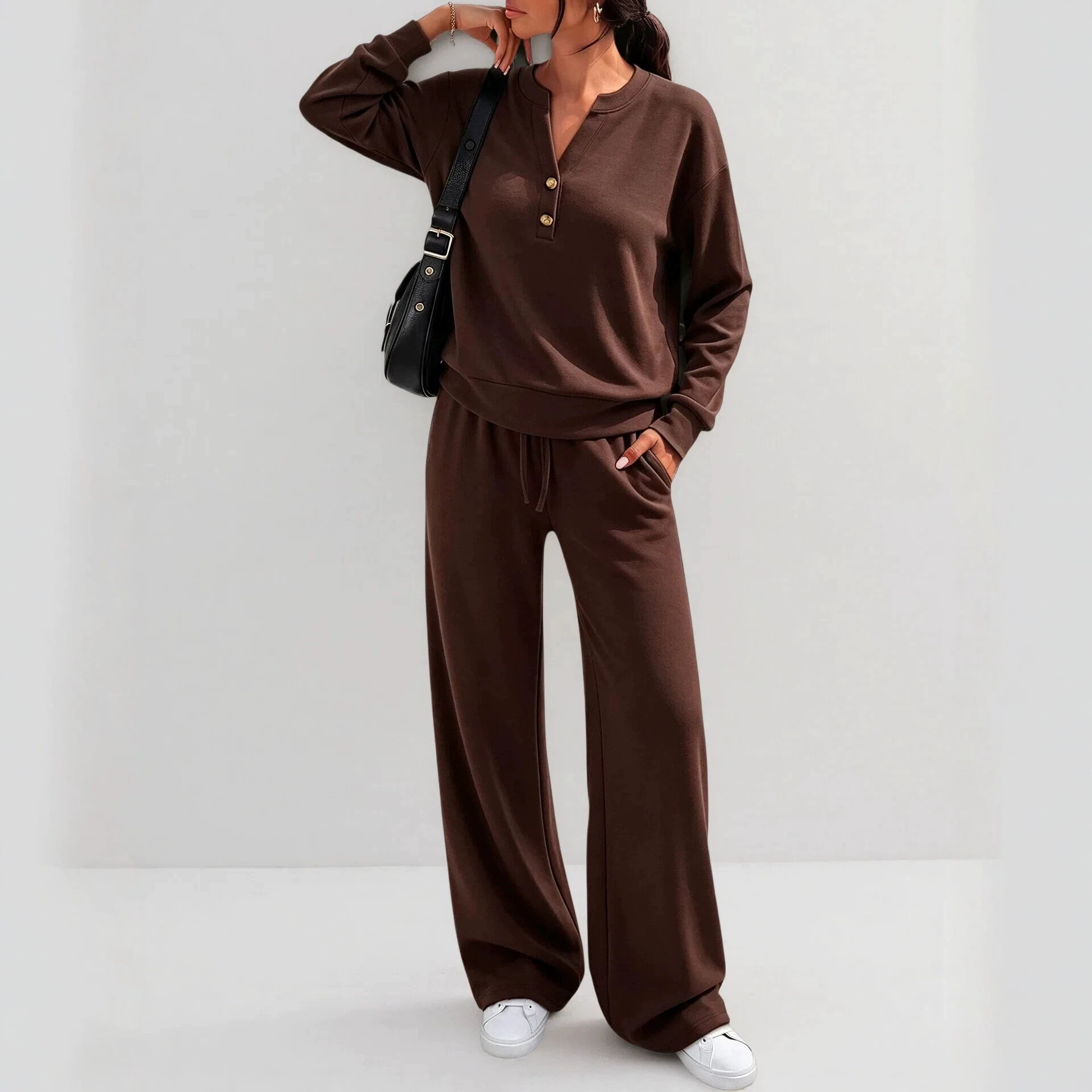 Women's Loose Long Sleeve Top & Wide Leg Pants Two-Piece Set