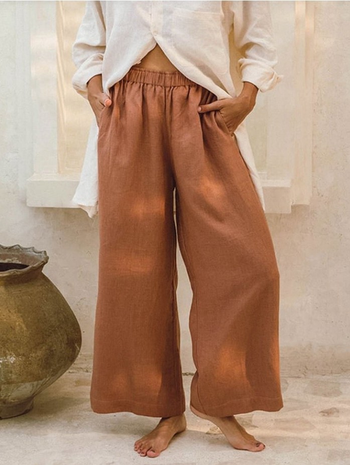 Women's Plus Size High Waist Wide Leg Pants Casual Cotton Blend