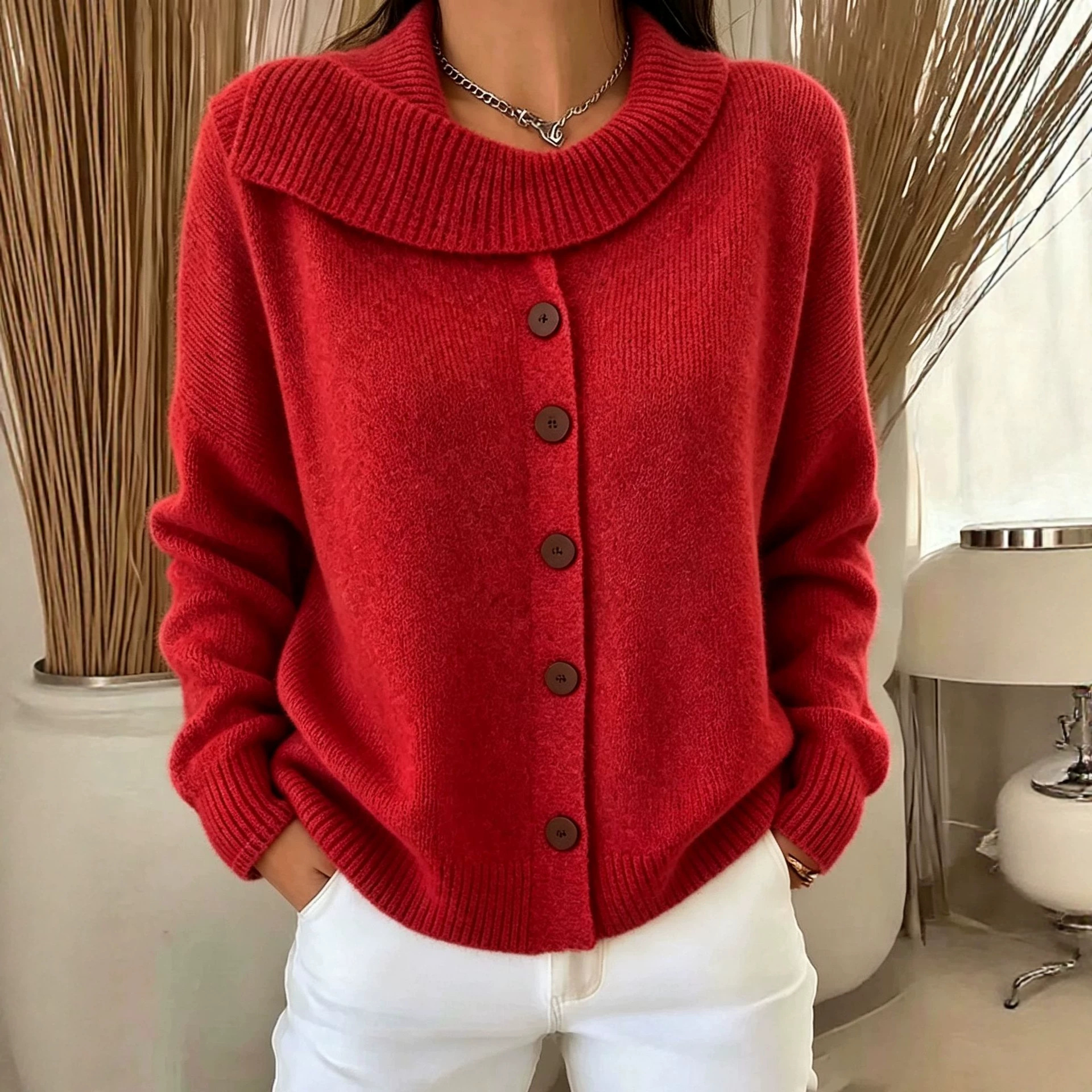 Women's Knit Button-Up Cardigan Sweater with Irregular Lapel Collar