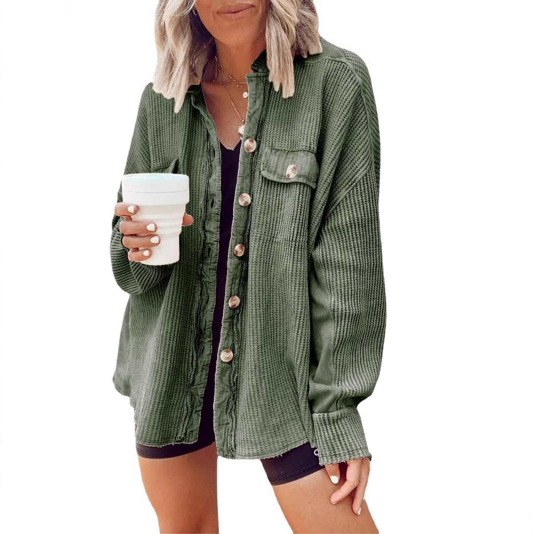 Waffle Knit Patchwork Button-Front Shirt Jacket with Pockets, Loose Fit, Multiple Colors
