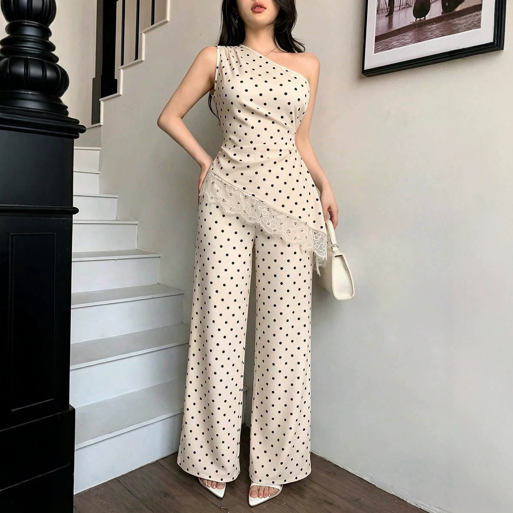 Polka Dot One-Shoulder Lace Trim Top and Wide-Leg Pants Two-Piece Set