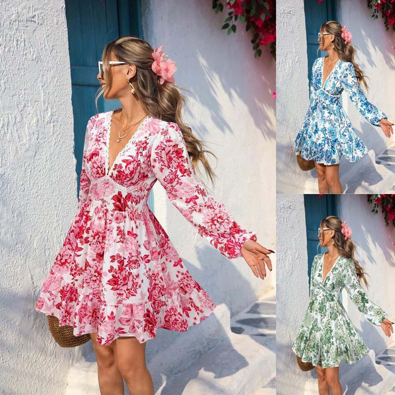 Women's Lace Trim V-Neck Printed Long Sleeve Casual Dress