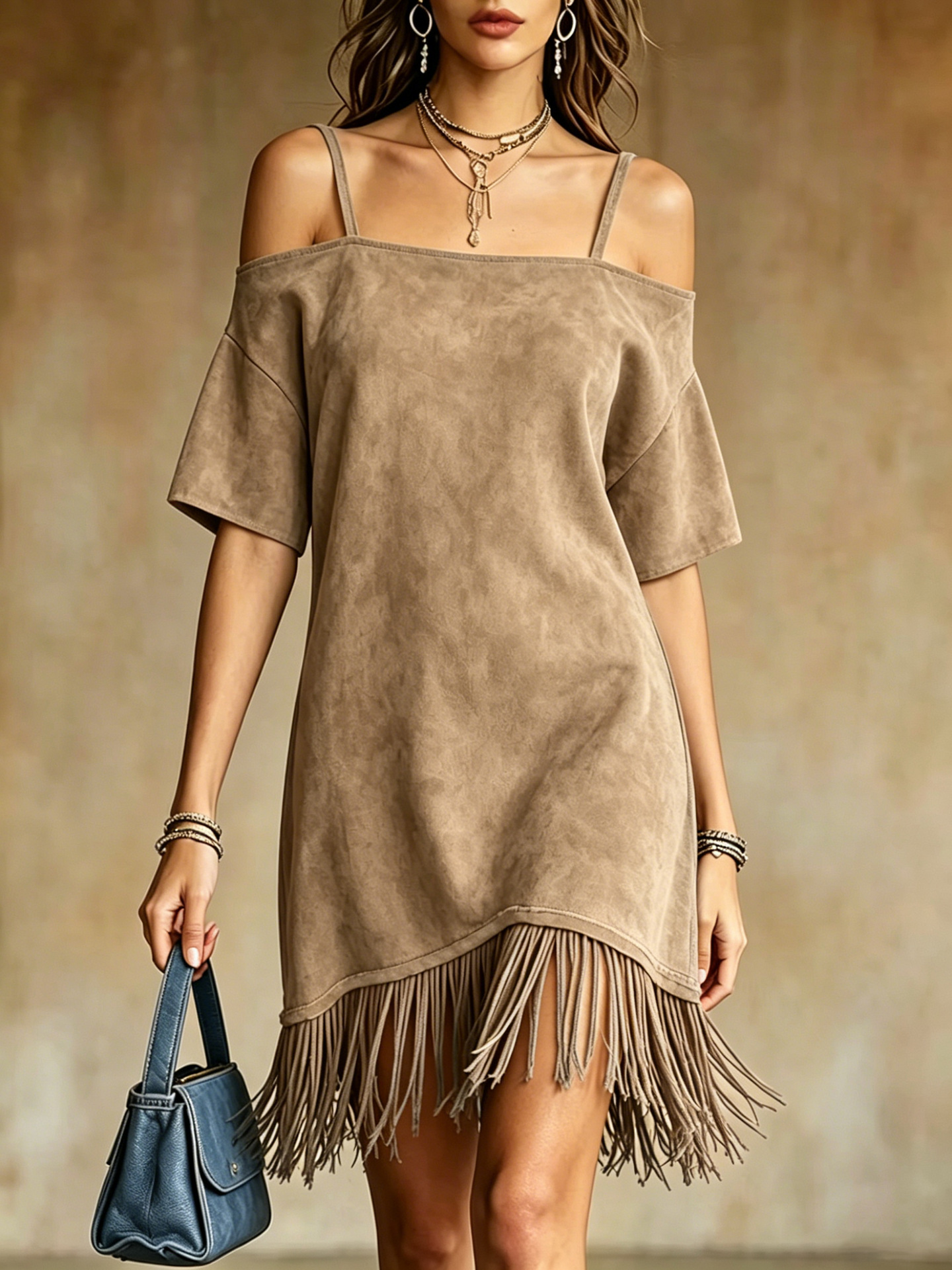 Suede Off-Shoulder Cami Dress with Fringe Hem Western Midi