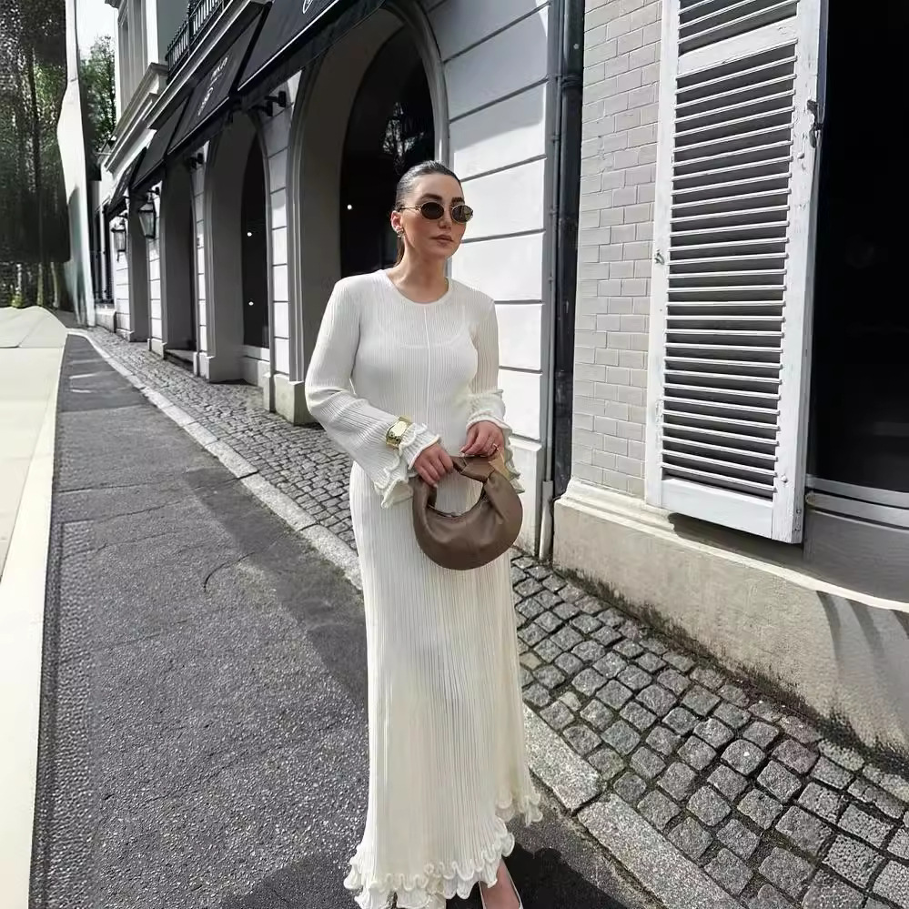 Solid Crewneck Long Sleeve Ruffle Trim Slim Fit Dress