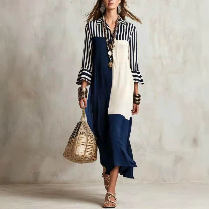 Striped Color-Block V-Neck Shirt Dress with Three-Quarter Sleeves
