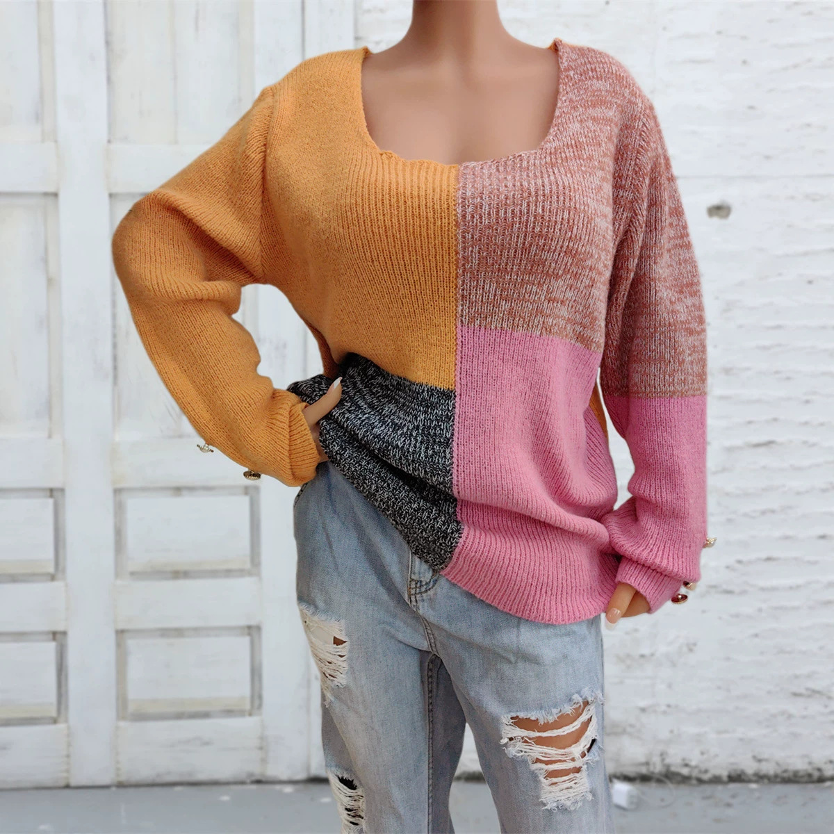 Color Block Patchwork Loose Knit Sweater with U-Neck and Button Sleeves