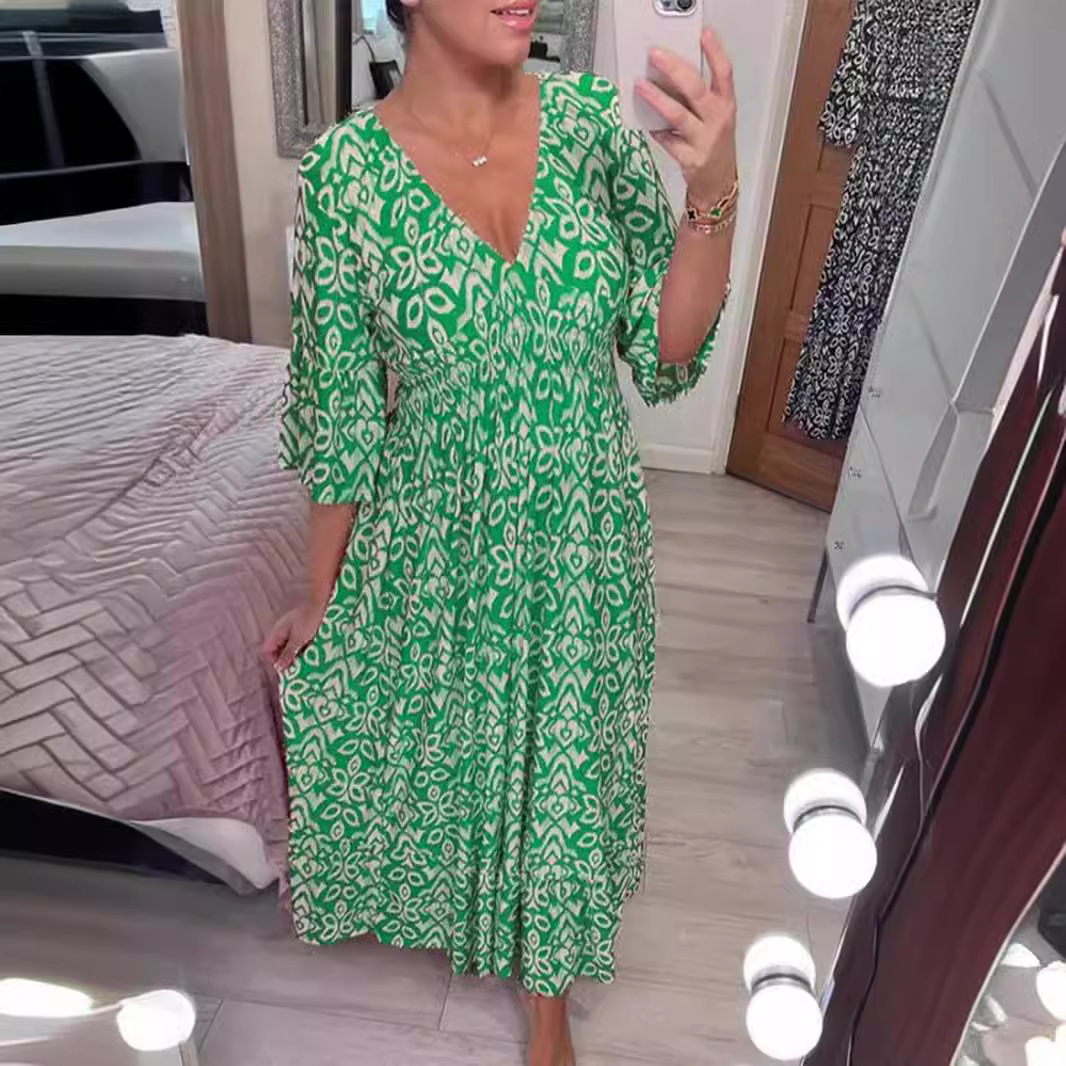 Women's Plus Size V-Neck Floral Print Midi Dress with Bell Sleeves
