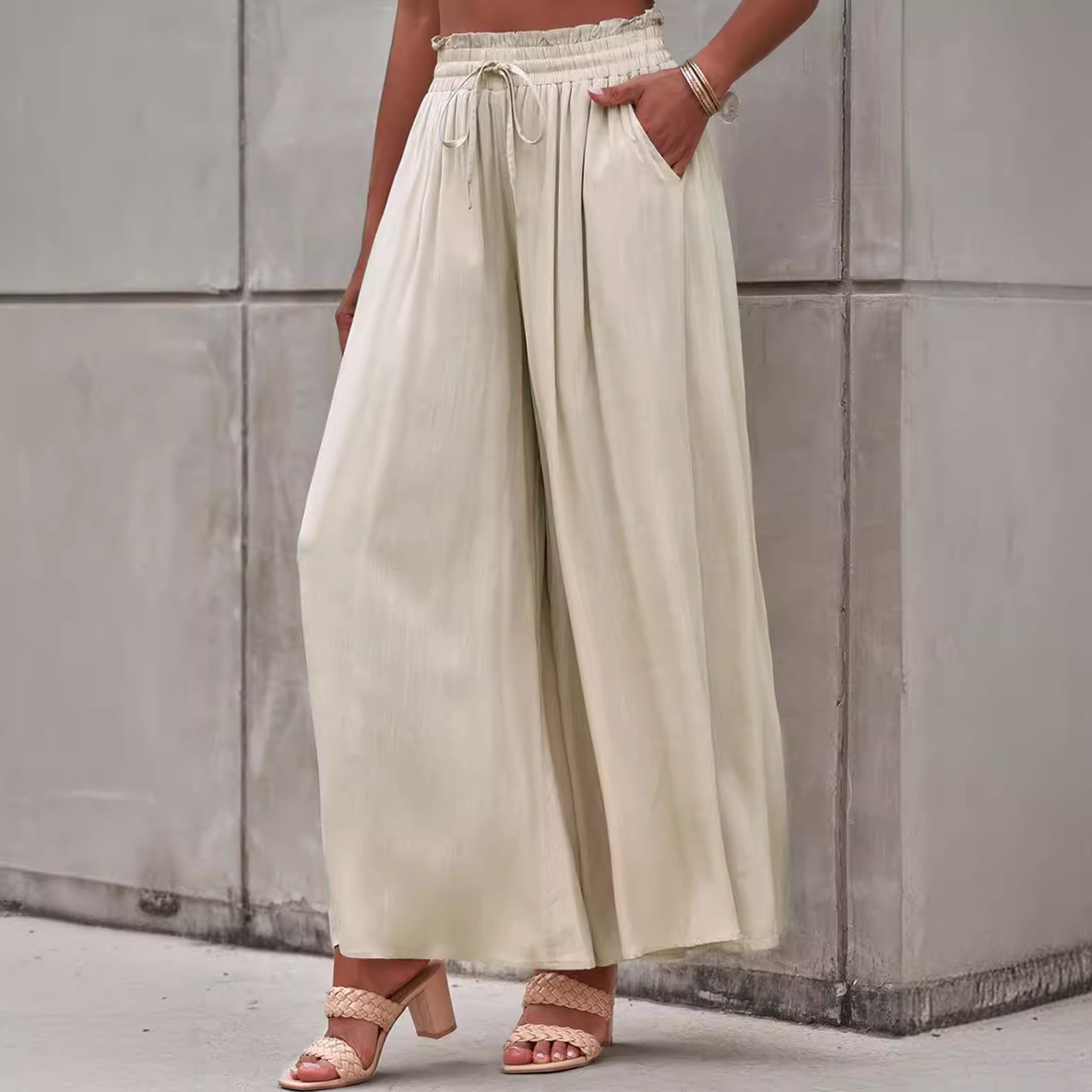 High-Waist Drawstring Flare Pants Solid Color Loose Wide-Leg