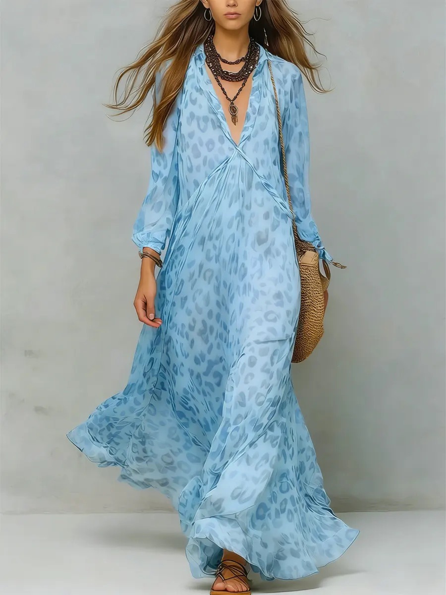 Geometric Print Deep V-Neck Long Sleeve Maxi Dress