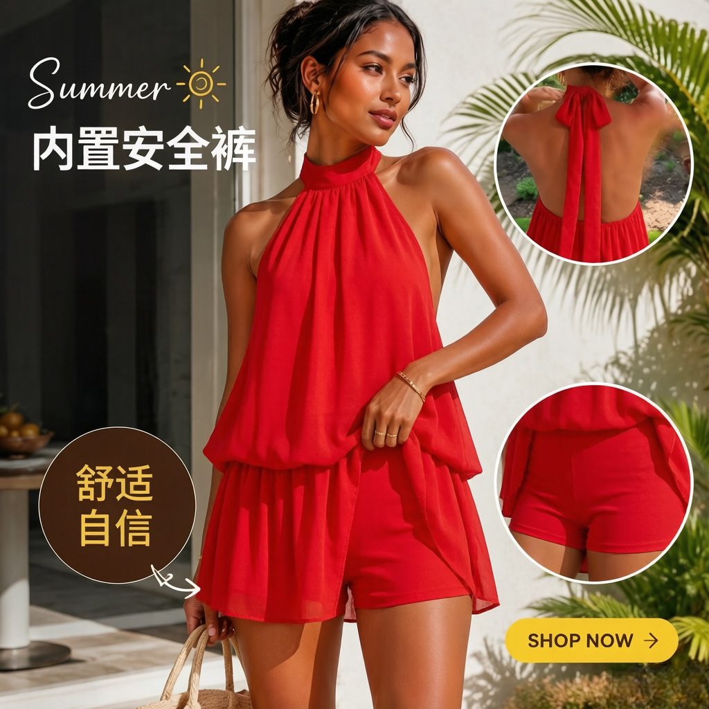 Women's Halter Open-Back Tie Chiffon A-Line Mini Dress with Built-in Shorts