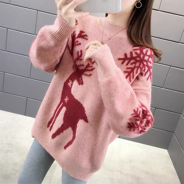 Christmas Reindeer Knit Sweater Women's Thick Loose Pullover