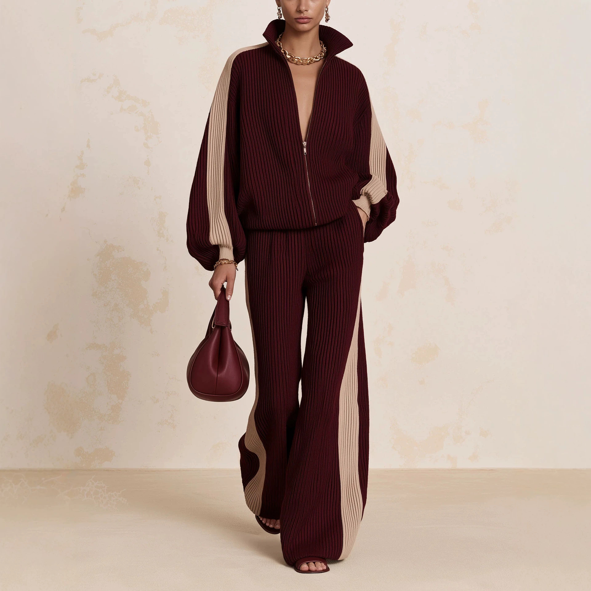Corduroy Color-Block Knit Two-Piece Set with Wide-Leg Pants