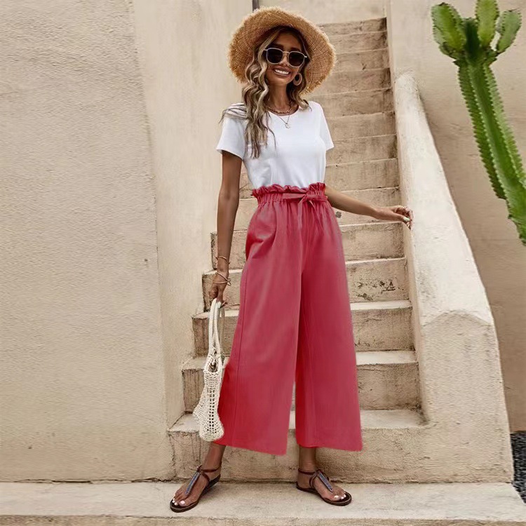 Women's Summer Cotton-Linen Wide-Leg Cropped Pants with Belt