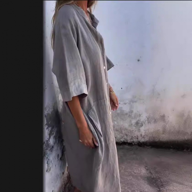 Women's Loose Linen-Look Midi Shirt Dress with Pockets
