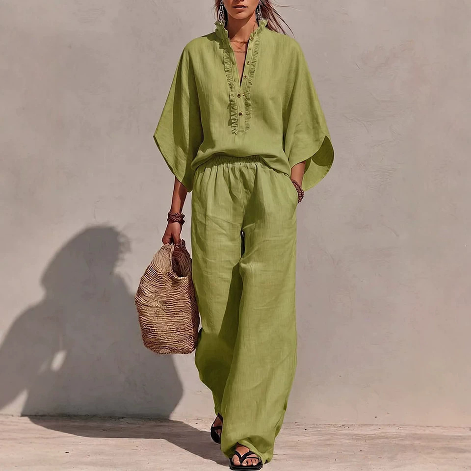 Women's Solid Color Stand Collar 3/4 Sleeve Loose Top and High Waist Wide Leg Pants Cotton Linen Casual Set