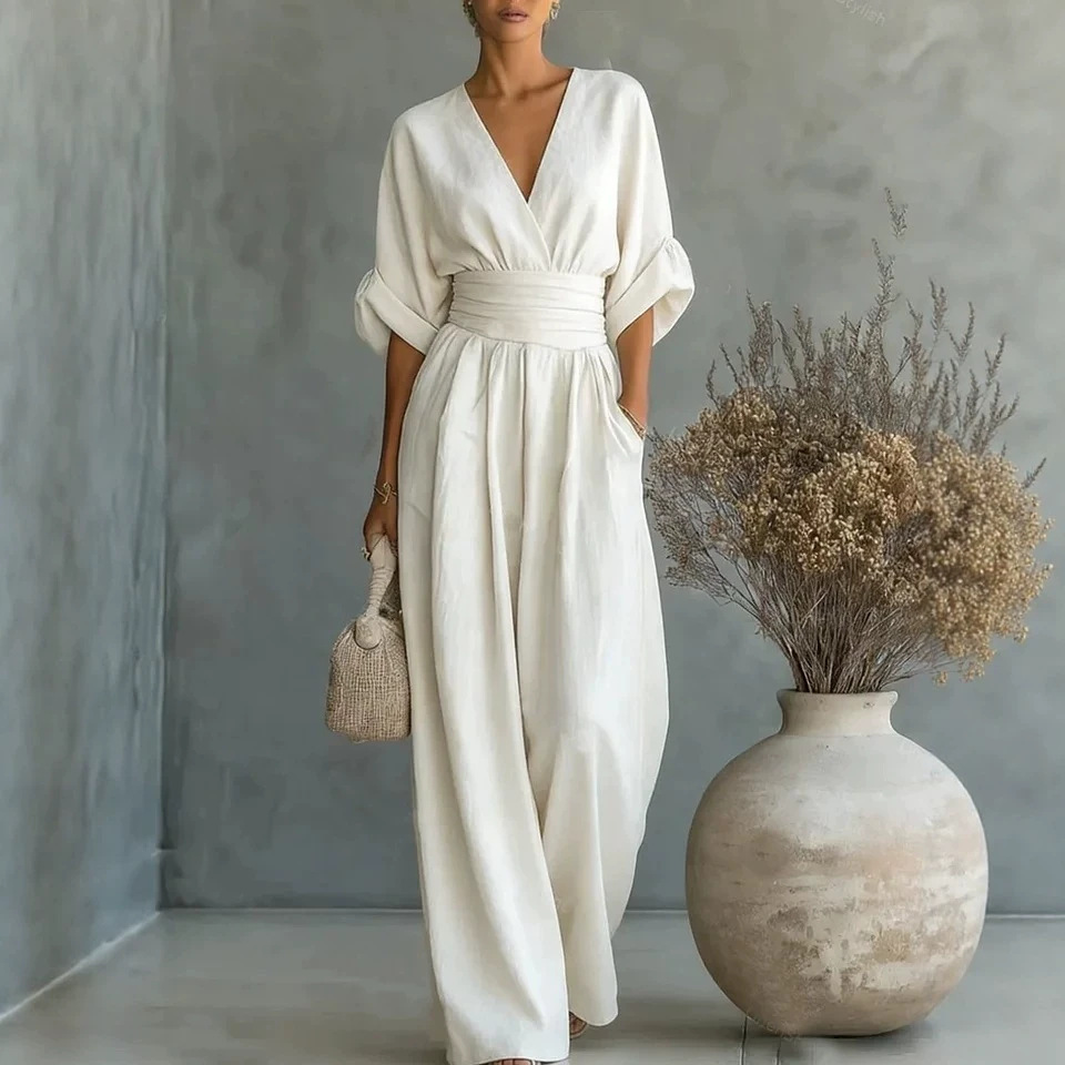 Elegant V-Neck Cinched Waist Wide-Leg Jumpsuit