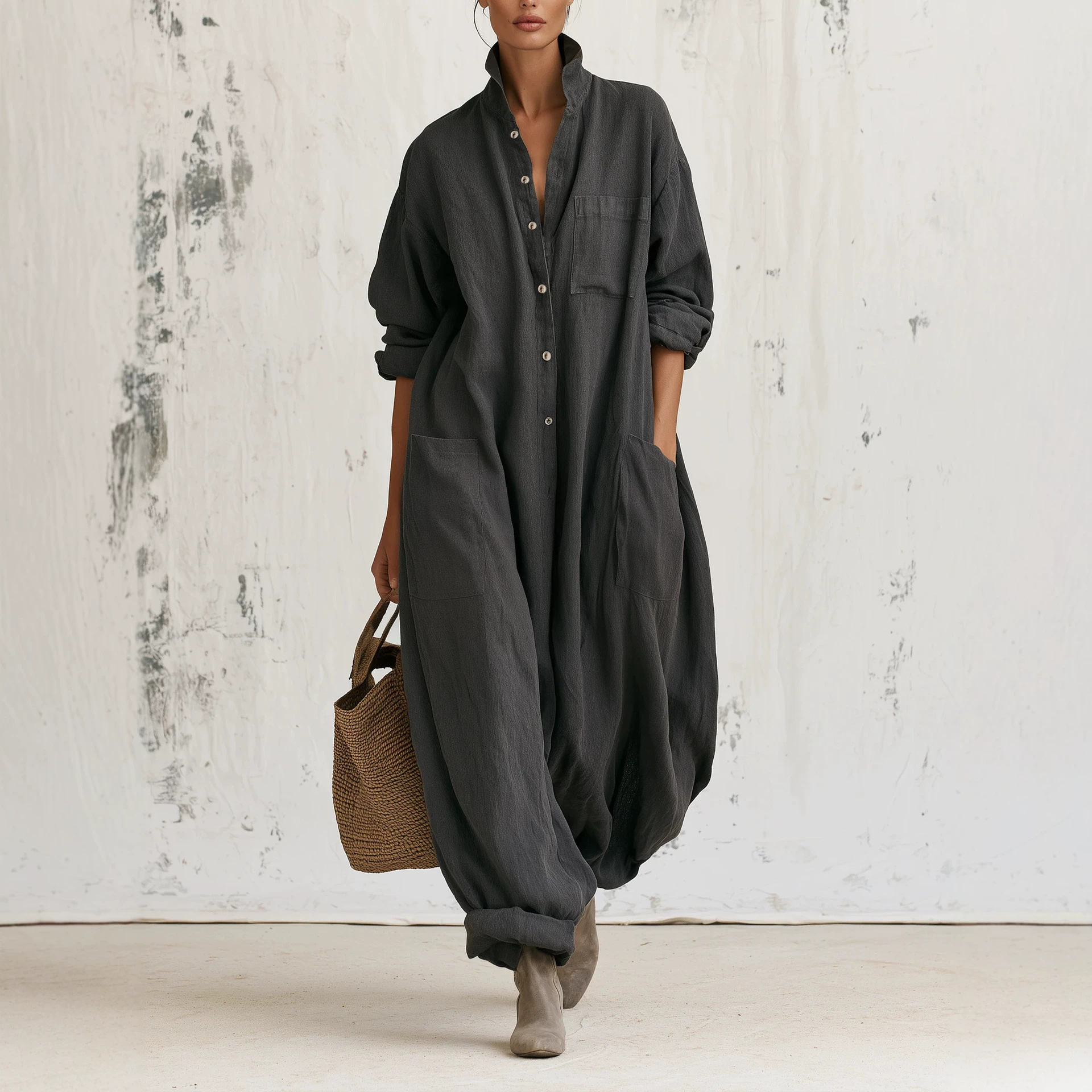 Linen Long Sleeve Jumpsuit with Stand Collar, Button Front, Cargo Pockets, Wide Leg