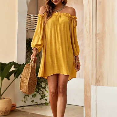 Women's Off-Shoulder Long Sleeve Loose Casual Dress Straight Fit