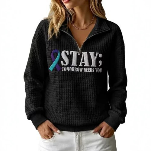 Ribbon Print Waffle Knit Collared Hoodie for Women