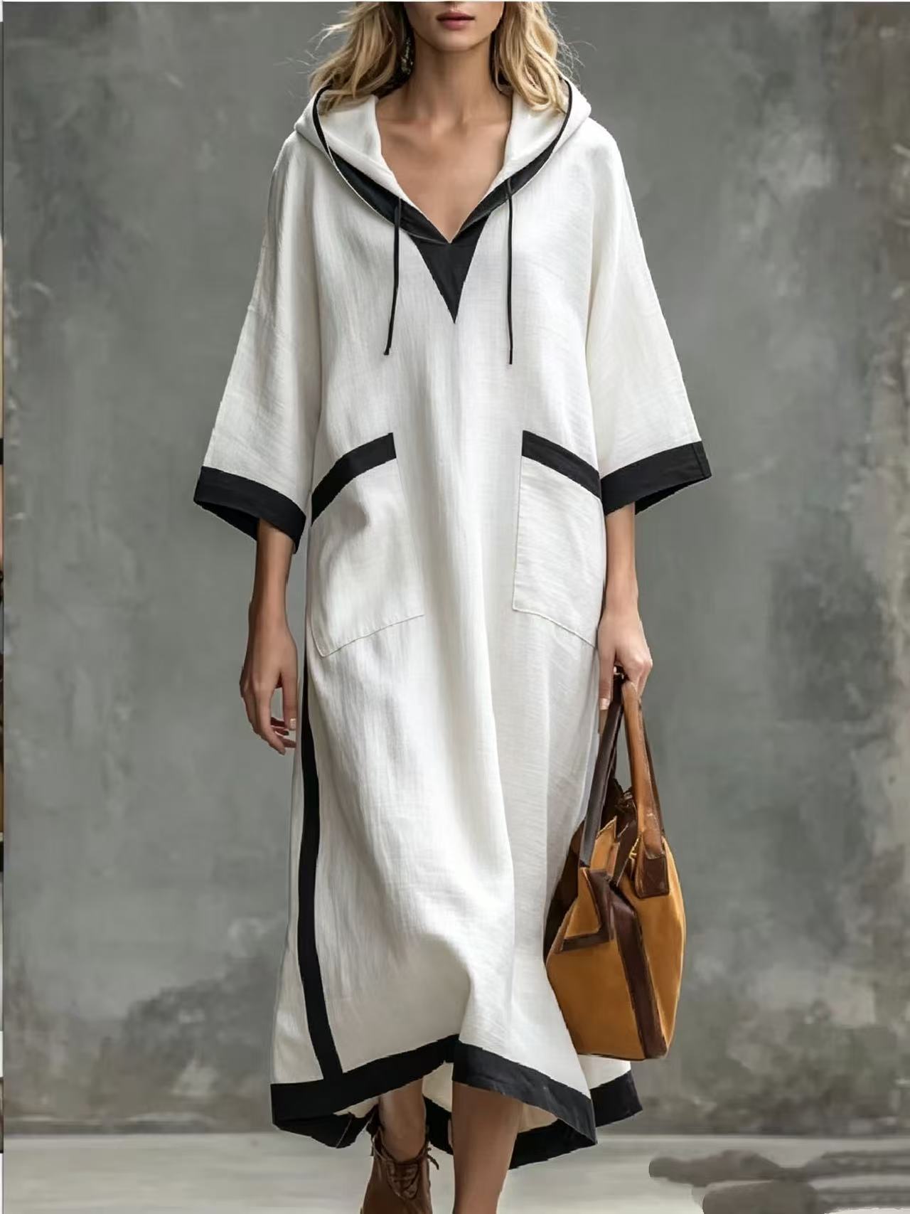 Hooded Long Dress Loose 3/4 Sleeve Color-Block Black Trim Relaxed Fit